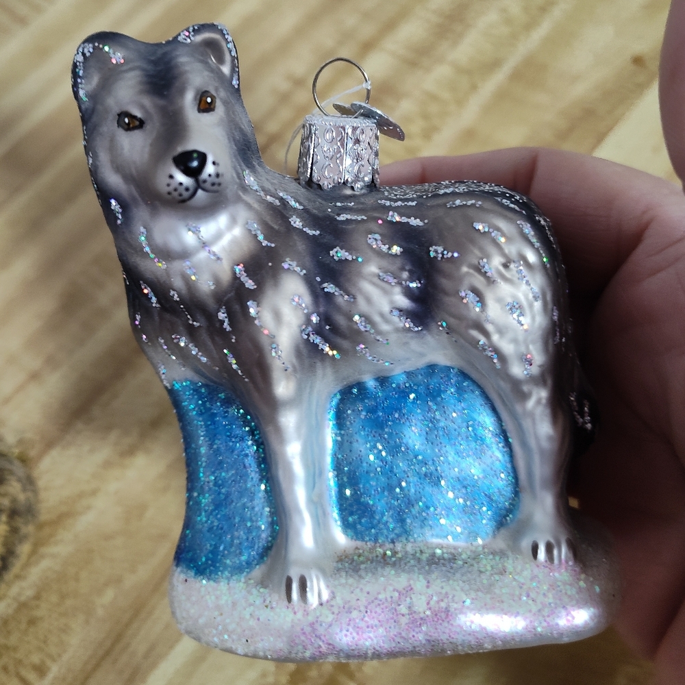 Old World Christmas Vtg Hand Crafted Glass Winter Wolf Ornament & Bonus Sandcast